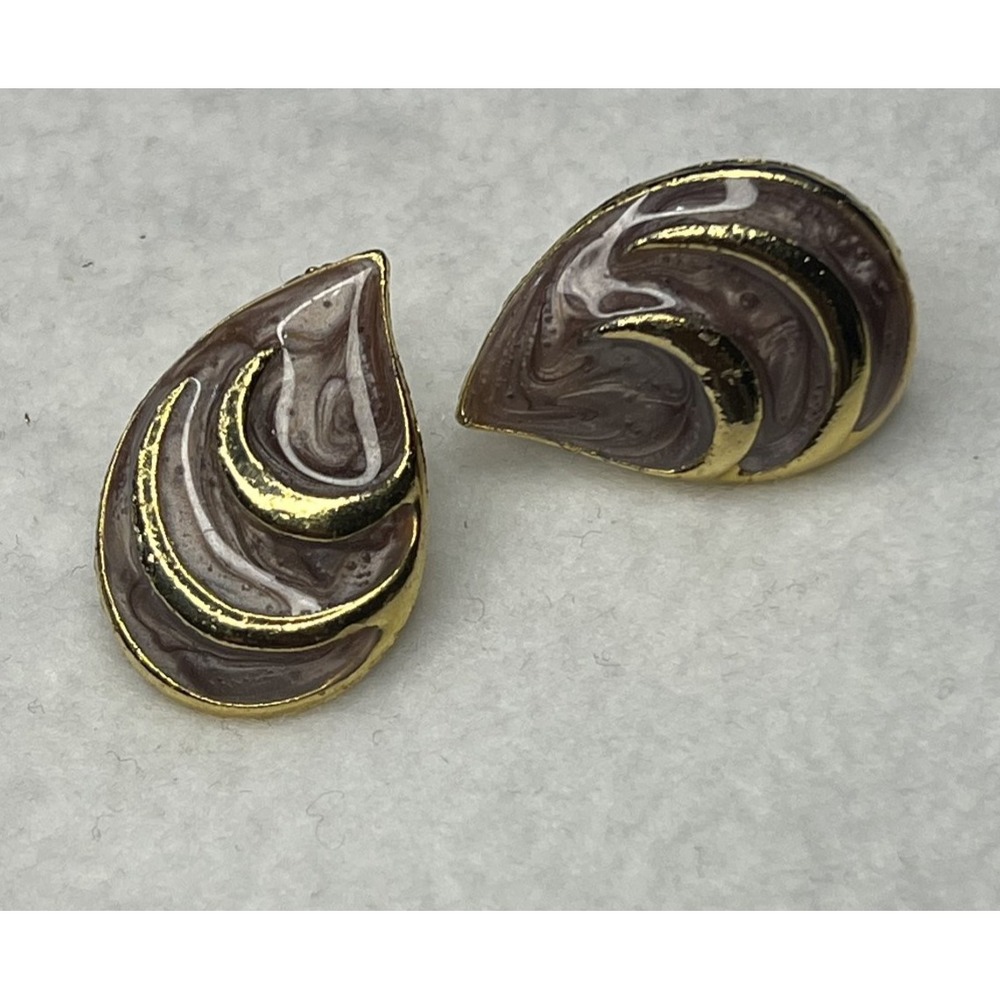 Vintage Teardrop Stud Earrings Gold Tone Purple Lavender Swirl Enamel
